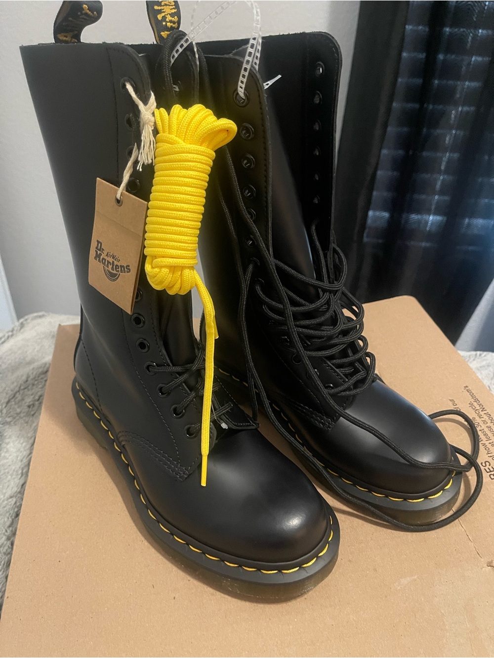 Dr. Martens Black Leather 10-Eye Lace-Up Boots with Yellow Laces 5US